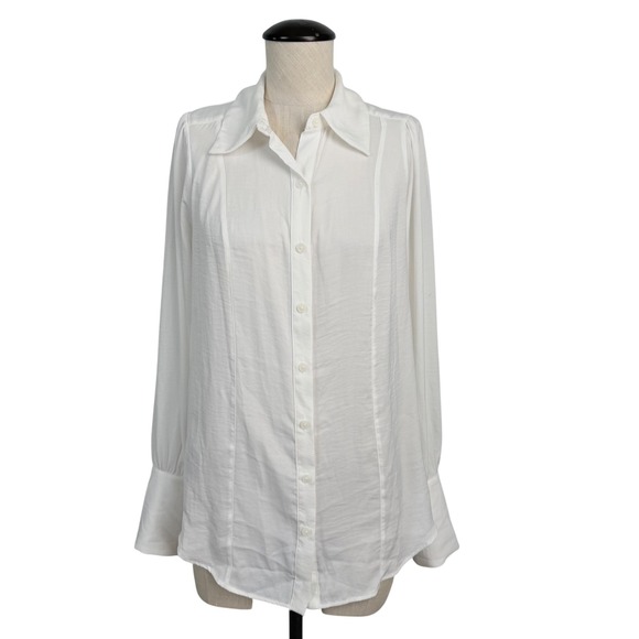 Free People Tops - Free People White Silky Long Sleeve Button Down Blouse Textured Seam Detail XS